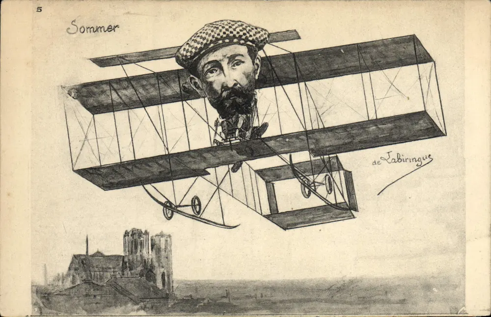 Sommer — caricatura sobre avião biplano — desenho de Fabiringue - Frente