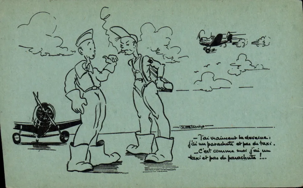 Zwei Flieger — humorvoller Szenenbild mit Flugzeug — veröffentlicht von F.M.A.I.L. für den Fonds der französischen Kriegsgefangenen - Vorderseite
