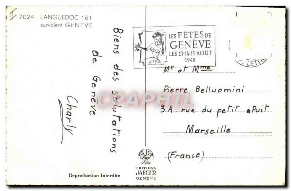 Flugzeug der Air France über Genf — Reproduktion von Éditions Jaeger - Rückseite