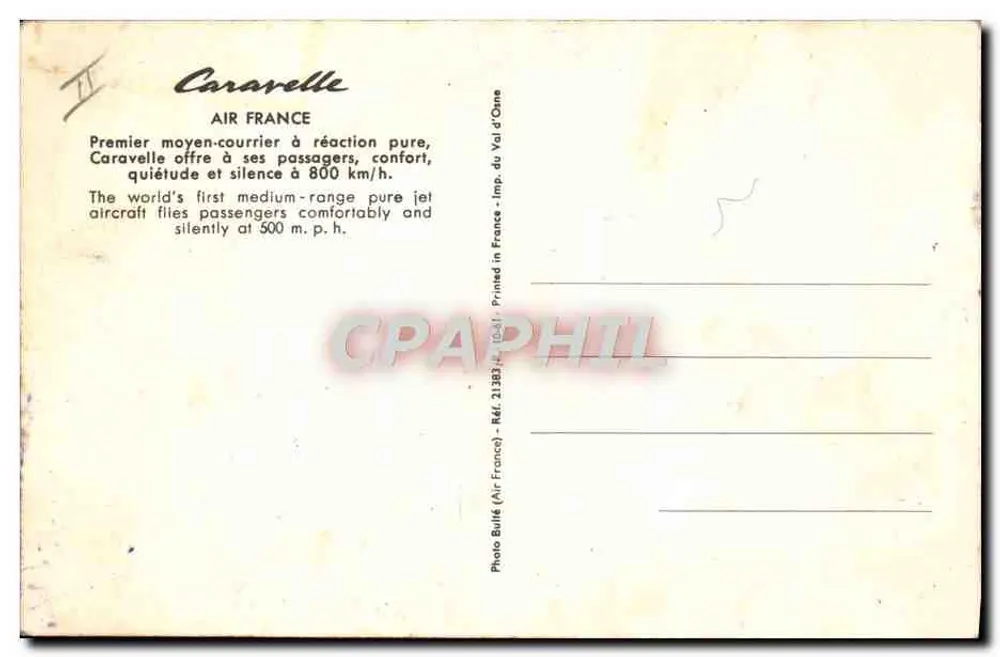 Air France Caravelle — Erster Reaktions-Mittelstreckenjet — Photo Bulle (Air France) - Ref. 21383 - Rückseite