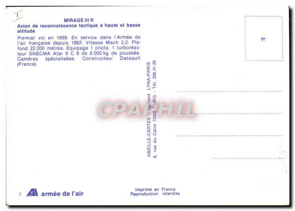 Mirage III R — taktisches Aufklärungsflugzeug — Abeille-Cartes, Paris - Rückseite