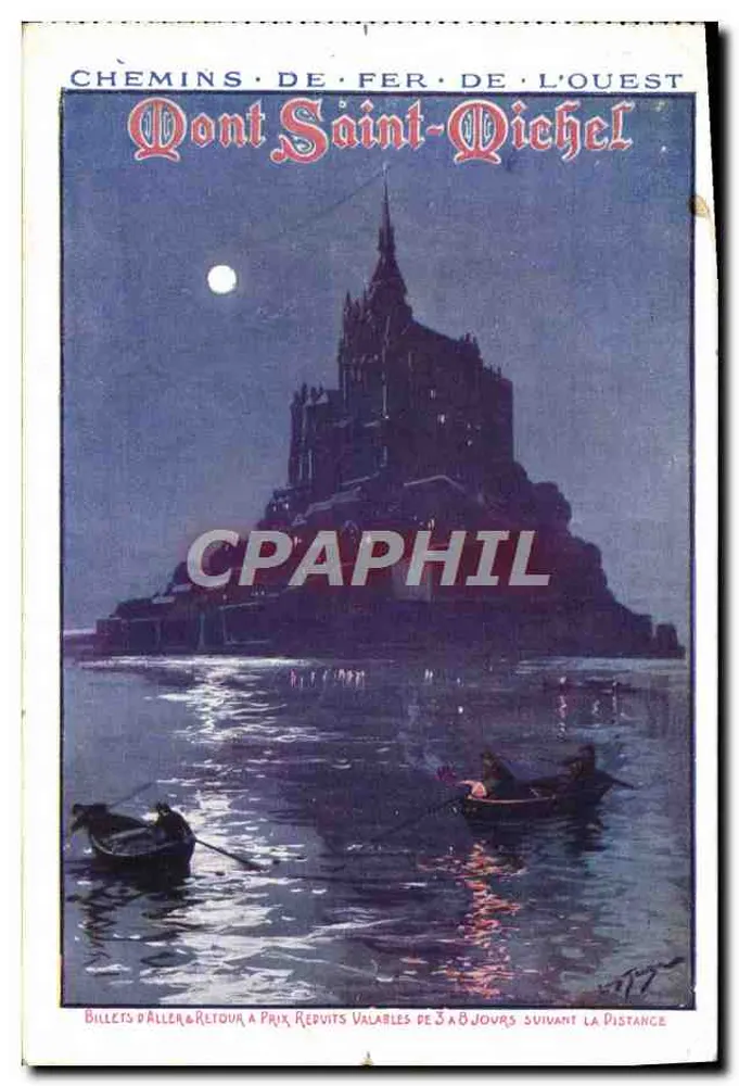 Mont Saint-Michel — vue nocturne avec croix et embarcations — Chemins de Fer de l'Ouest - Vorderseite
