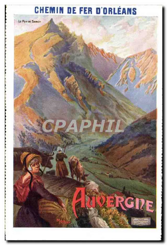 Auvergne — paisagem montanhosa com pastores — Caminho de Ferro de Orléans, editor Le Puy de Sancy, número de série não visível - Frente