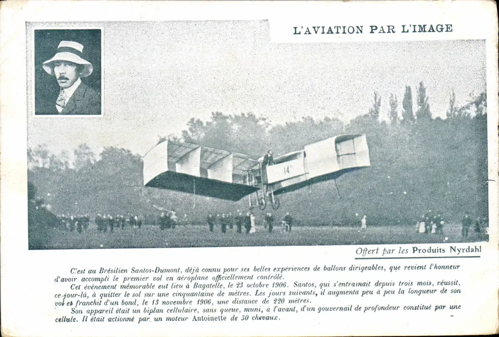 Santos-Dumont — Primeiro voo em avião em Bagatelle — Ofertado pelos Produits Nyrdahl - Frente
