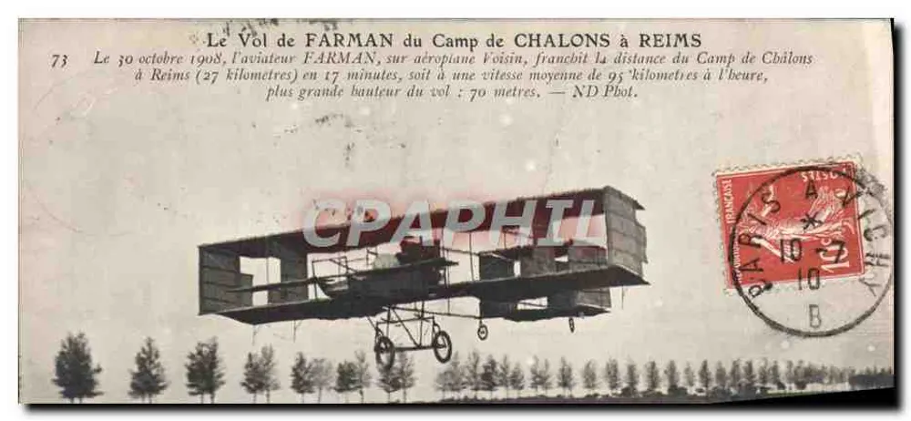 Flug des Farman vom Camp de Châlons nach Reims — Aerodrome Voisin, Verleger/Drucker nicht sichtbar, Nr. 73 - Vorderseite