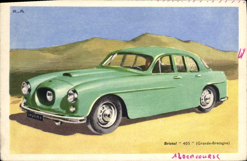 Bristol "405" (Grande-Bretagne) — voiture verte sur fond de collines — éditeur R.A. - Frente