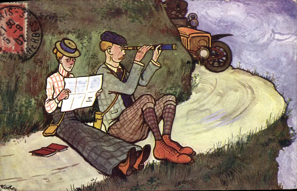 Zwei Reisende mit Karte und Fernrohr — Herber — Nr. 7 - Vorderseite