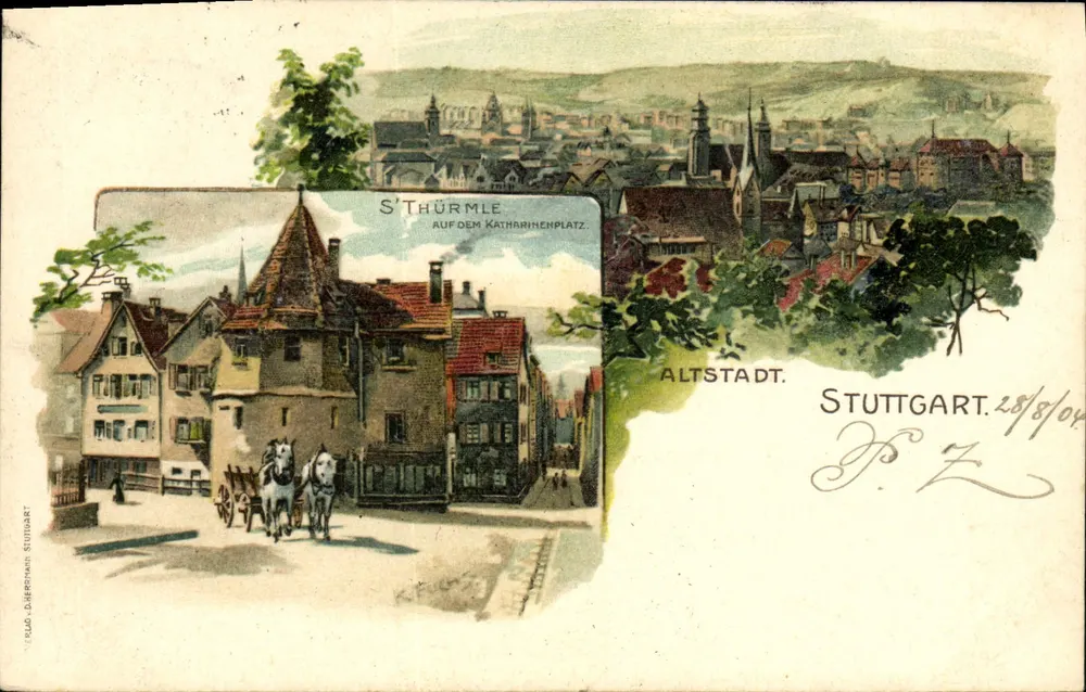 Vista da velha cidade de Stuttgart — Catharinenplatz — editor D. Diermann, n° 7 - Frente