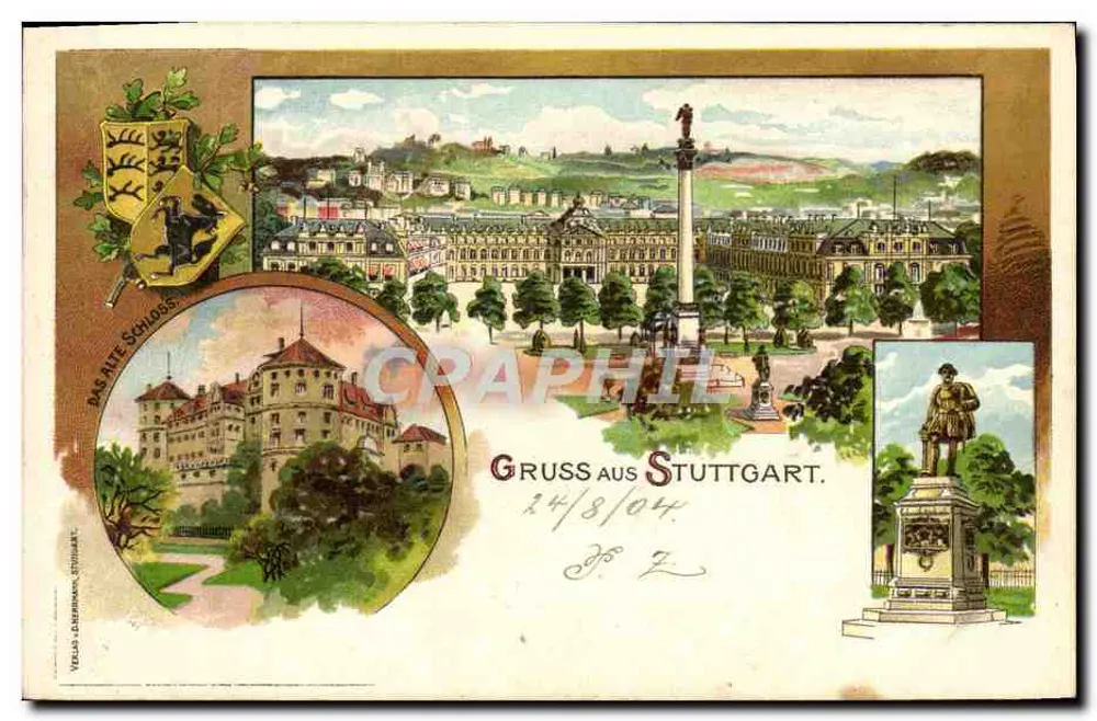 Stuttgart — vista panorâmica com o castelo e a coluna — editor Verlag G. G. G. Stuttgart, n° de série não visível - Frente