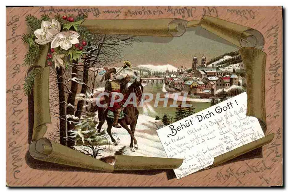 Village enneigé — cavalier jouant du cor devant un paysage hivernal — éditeur : Deutsche Reichspost, n° de série non visible - Frente