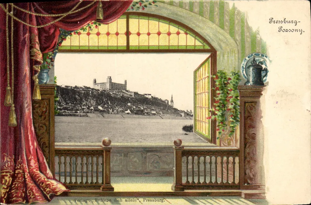 Vista di Pressburg (Boszony) — vista da un balcone decorato — editore 'Rediene dich allein', Pressburg - Recto