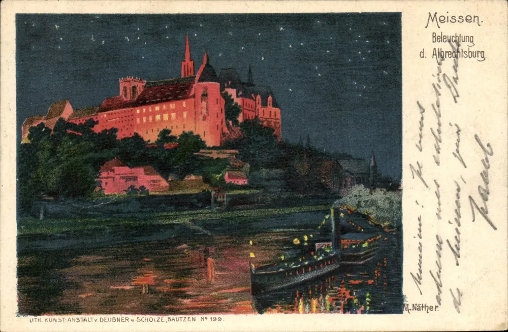 Meissen — Beleuchtung der Albrechtsburg — Lith. Kunst-Anstalt Deubner & Scholze, Bautzen N° 199 - Vorderseite