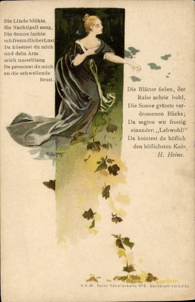 Femme en robe sombre — poème de Heinrich Heine — V.H.M. Heine Künstlerkarte N°8 - Recto