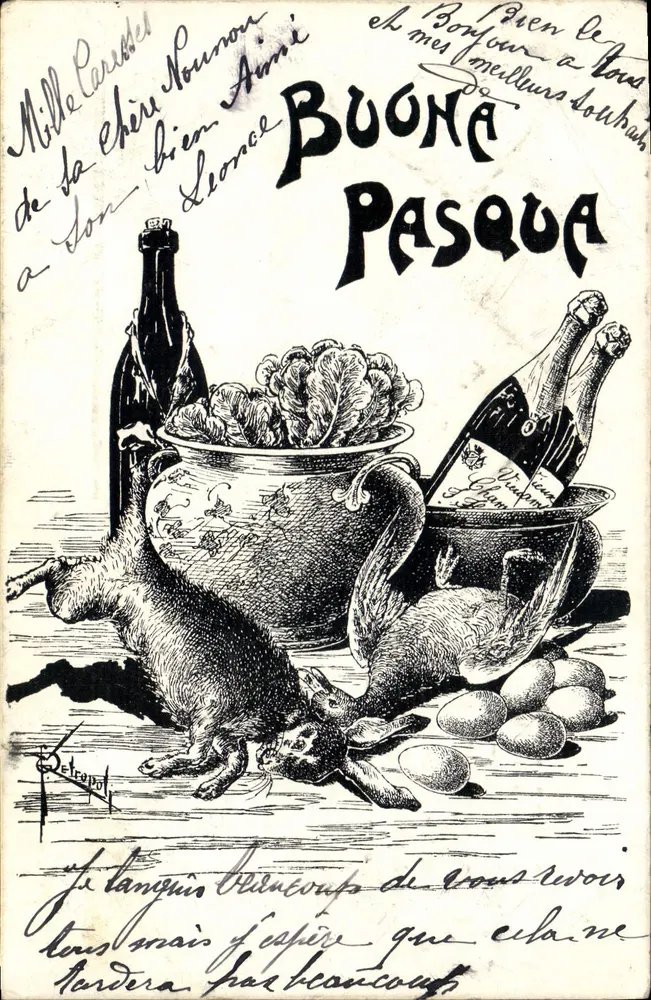 Cena de Páscoa — coelhos, ovos e garrafas — editor Deltrapol - Frente