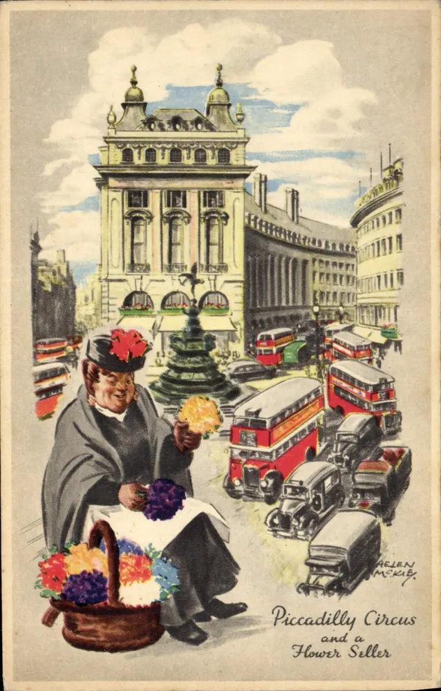 Piccadilly Circus und ein Blumenverkäufer — Helen McKib — Serie Tuck's Post Card - Vorderseite
