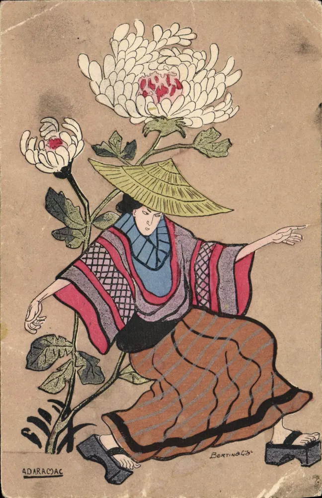 Femme japonaise en kimono — sous une grande chrysanthème — éditeur Bertin & Cie, n° 16 - Frente