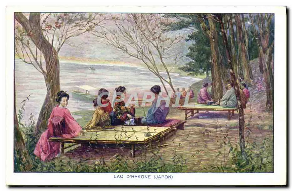 See Hakone (Japan) — Ansicht von Frauen in traditioneller Kleidung nahe einem See — Verlag Malaceine, Serie B - Vorderseite