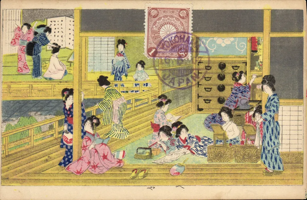 Cena de vida japonesa — mulheres em quimono — editor desconhecido, n° 22 - Frente