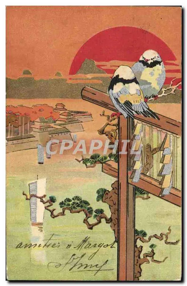 Dois pássaros em um balcão — paisagem japonesa ao pôr do sol — série 238, editada por Dess. - Frente