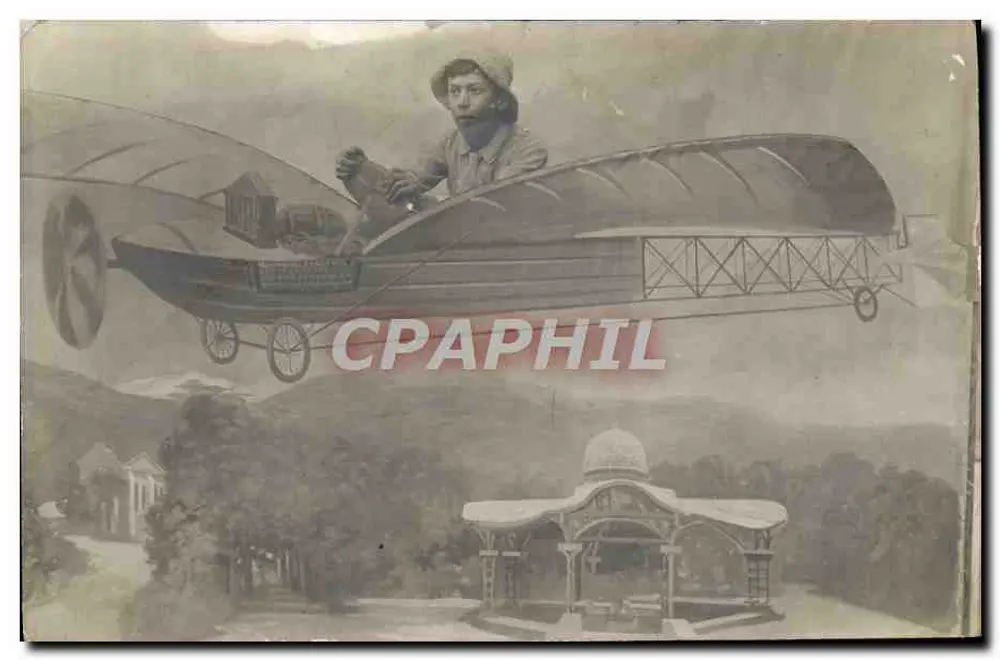 Pilot in einem Flugzeug mit Doppelflügeln — Landschaft mit Kiosk — A. Candie Photo des Thermes, Lourdes-Barbazan (Hohe Pyrenäen) - Vorderseite
