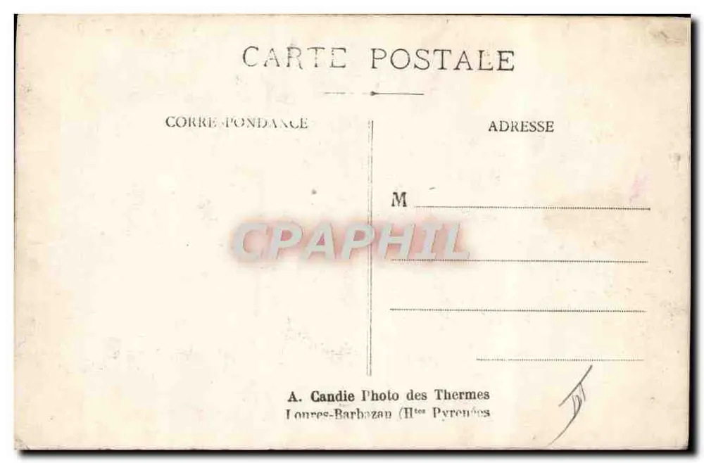 Pilot in einem Flugzeug mit Doppelflügeln — Landschaft mit Kiosk — A. Candie Photo des Thermes, Lourdes-Barbazan (Hohe Pyrenäen) - Rückseite