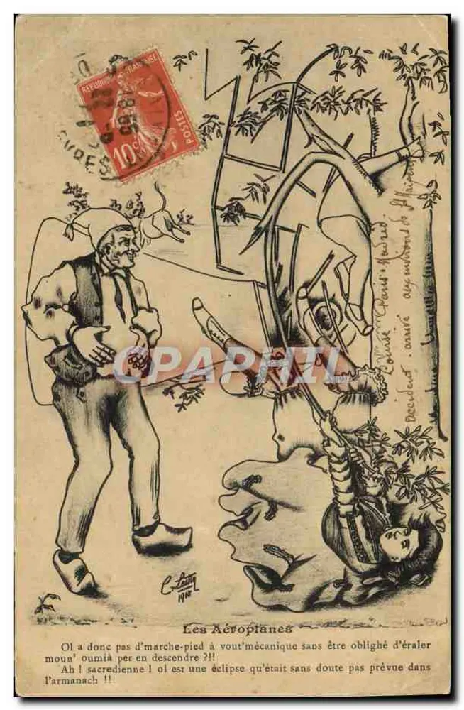 Die Flugzeuge — Karikatur eines Piloten und eines Passagiers — Verlag C. Lamy, 1910 - Vorderseite