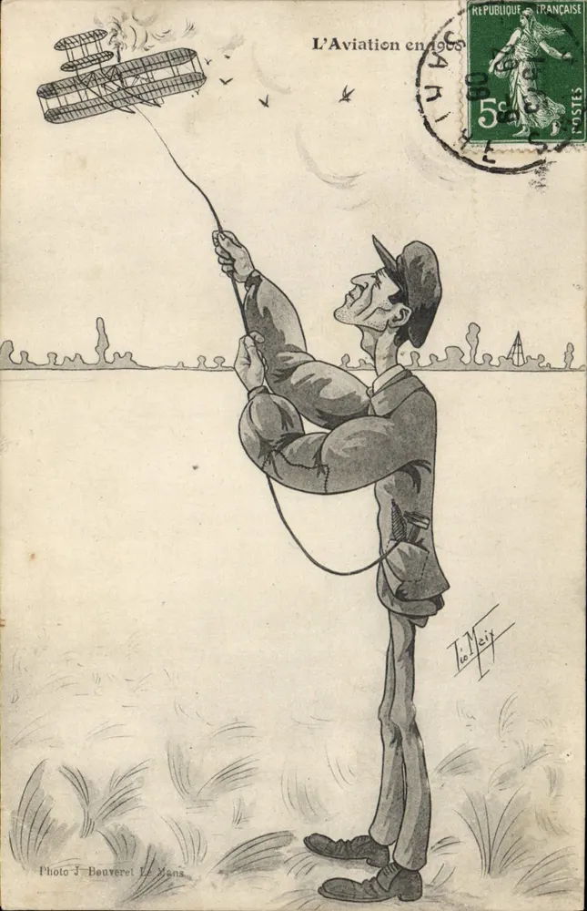 Aviation 1908 — Karikatur eines Mannes, der ein Flugzeug wie ein Drachen startet — Foto J-Bouveret Le Mans - Vorderseite