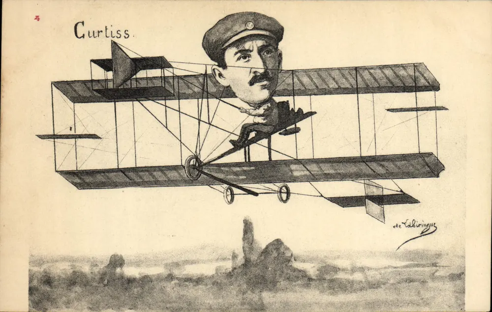 Pilot auf einem Curtiss-Flugzeug — Karikatur — Zeichnung von Talbiringue - Vorderseite
