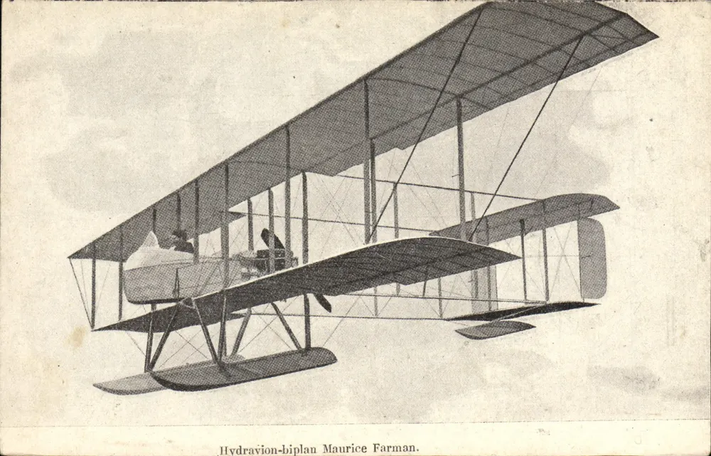 Hidroavião-biplano Maurice Farman — ilustração técnica — sem editor ou número visível - Frente