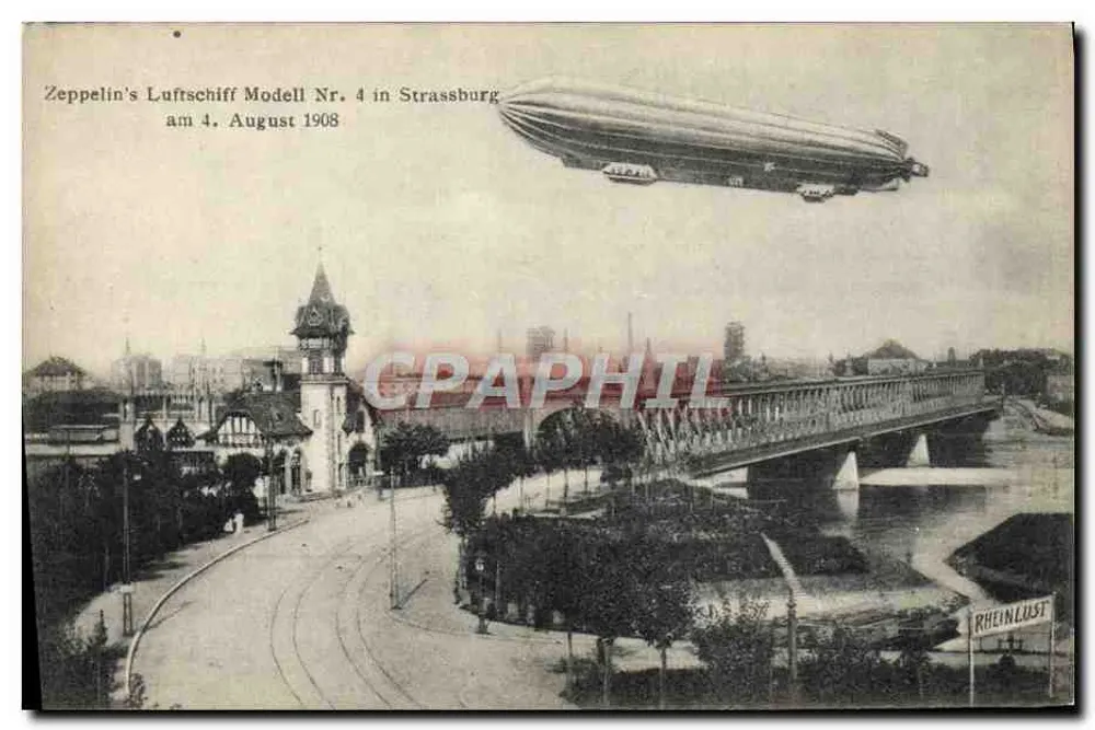 Zeppelin's Luftschiff Modell Nr. 4 em Strasbourg — em 4 de agosto de 1908 — editor Victor Kunstverlag Strassburg, n° 3112 - Frente