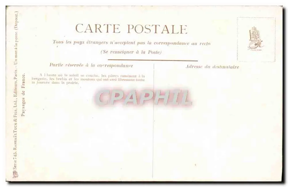 Landschaften Frankreichs — Schäfer bringen Schafe und Tiere zur Schafstall zum Sonnenuntergang — Verleger Tuck & Fils, Paris, Serie 745 - Rückseite