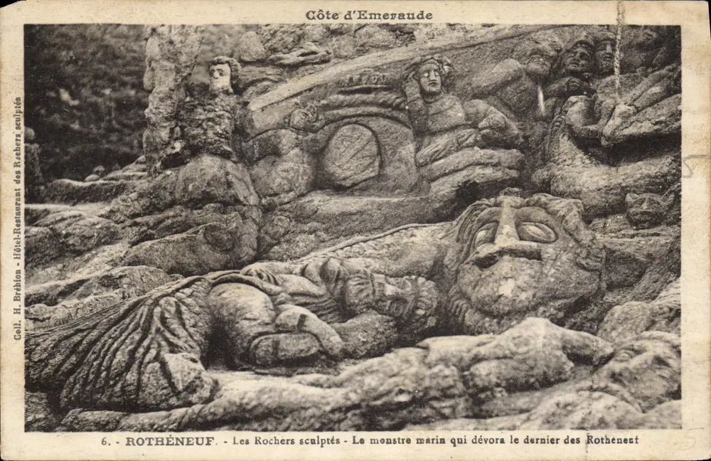 Rothéneuf — Die geschnitzten Felsen — Das Meeresmonster, das den letzten Rothéneuf verschlang — Sammlung H. Bréhlon, Hôtel-Restaurant des Rochers sculptés - Vorderseite