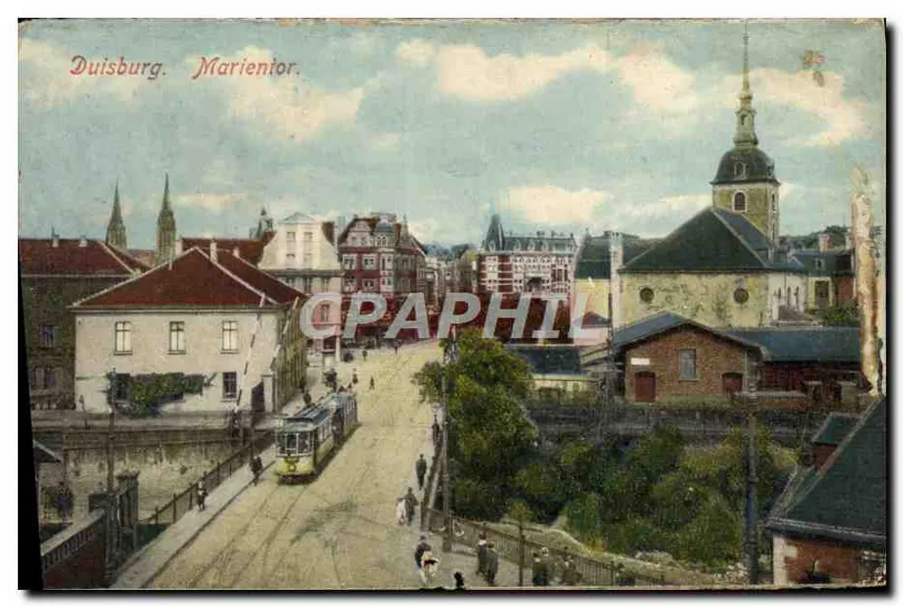 Duisburg. Marientor — vue de la rue avec tramway et église — éditeur : ? (non imprimé) - Frente