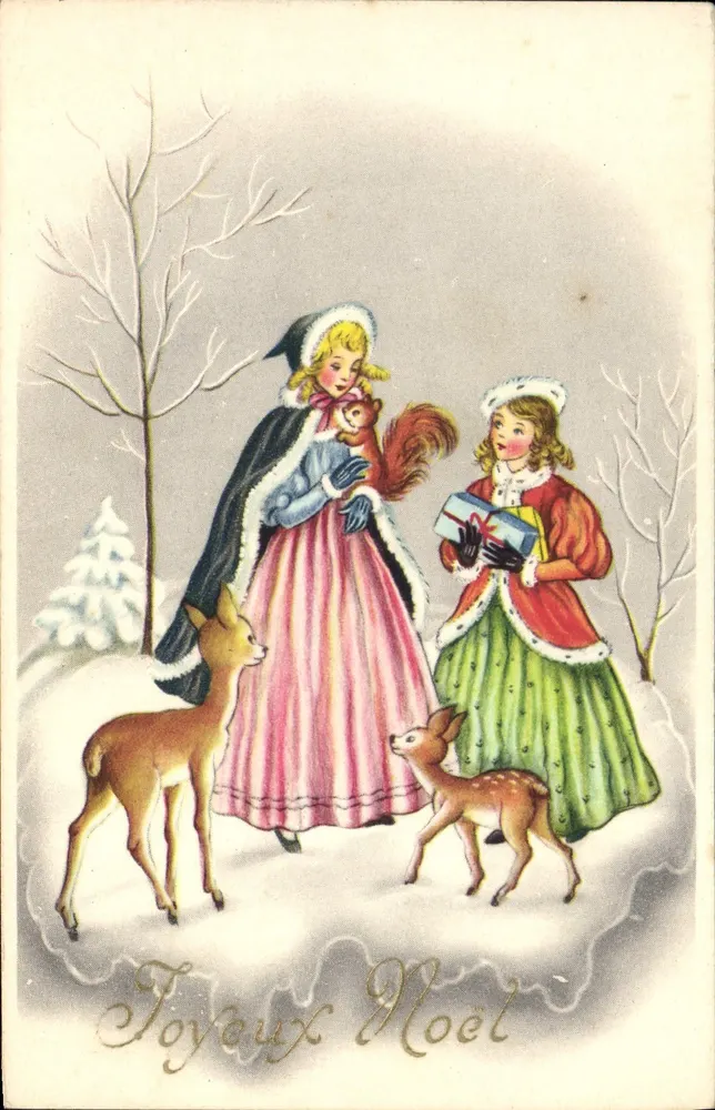Zwei junge Mädchen in Weihnachtsoutfits mit Hirschen — 'Frohe Weihnachten' — Antike Ansichtskarte aus Belgien - Vorderseite