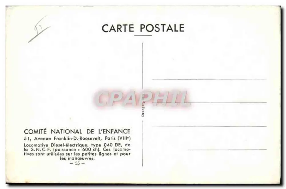 Locomotiva Diesel-elétrica tipo 040 DE — S.N.C.F. — COMITÉ NATIONAL DE L'ENFANCE - Verso