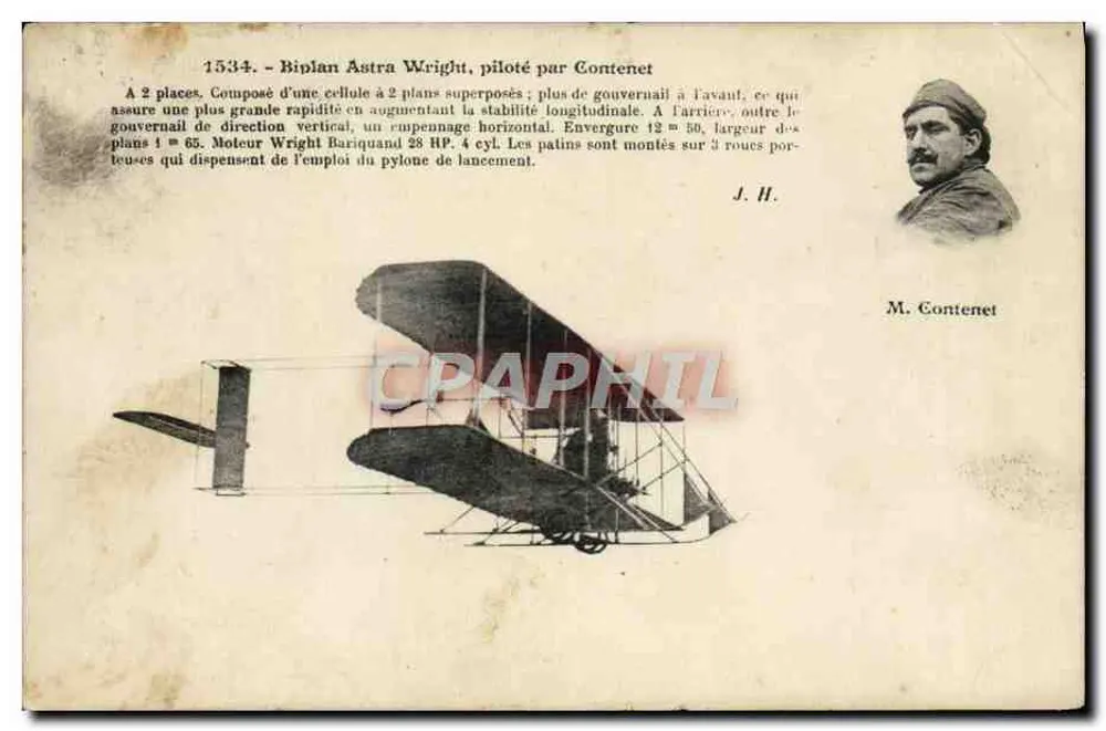 Avião biplano Astra Wright — piloto M. Contenet — J. H. editor - Frente