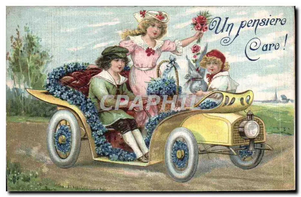 Mulher e crianças em um carro decorado com flores — Un pensiero Caro ! — Impressão N. 400 - Frente