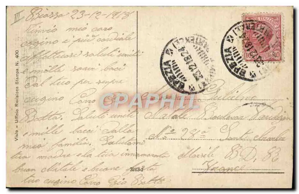 Mulher e crianças em um carro decorado com flores — Un pensiero Caro ! — Impressão N. 400 - Verso