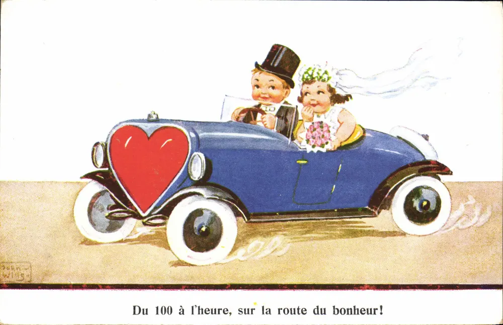 Casal recém-casado — casal em um carro azul com coração — editor WHILS, n° 7239/2 - Frente
