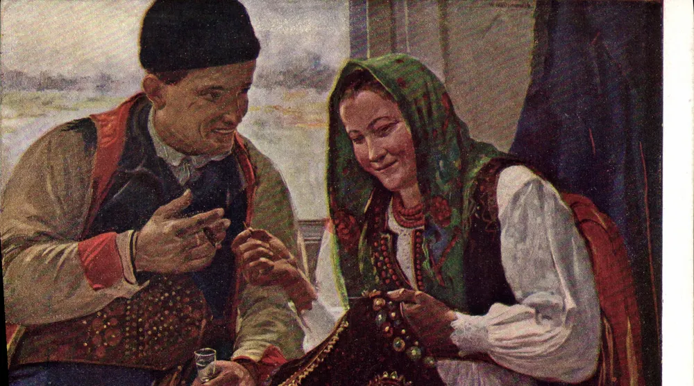 Casal jovem em traje folclórico — cena íntima — W. Wodzinowski, n° 1282 - Frente