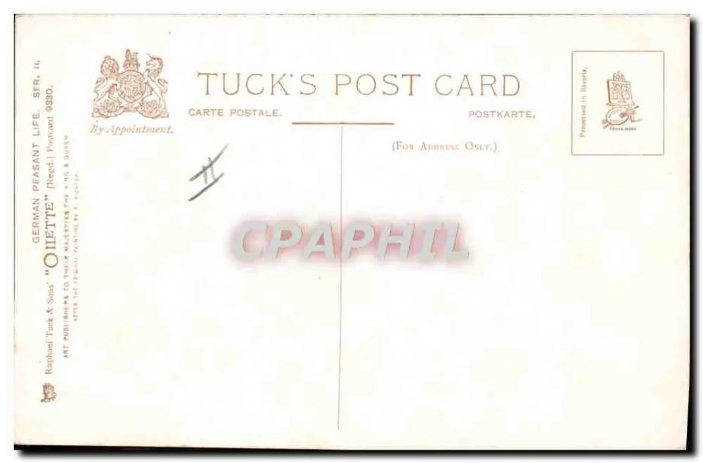 Duas pessoas observando um golfinho — pintura de R. Tuck & Sons — Tuck's Post Card, série II - Verso