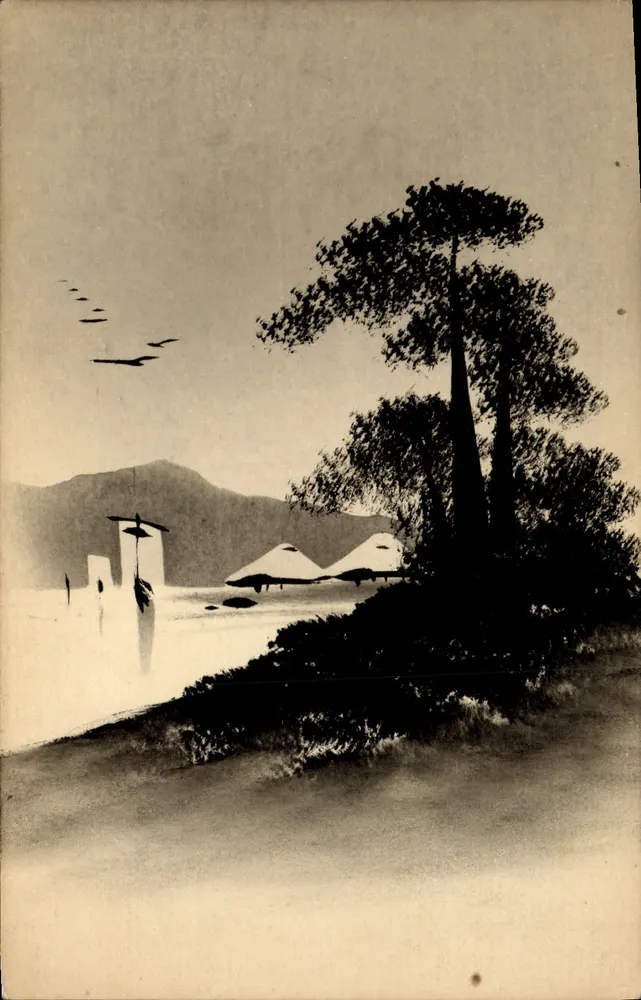 Paisagem japonesa — montanhas, lago e pinheiros — editor desconhecido - Frente