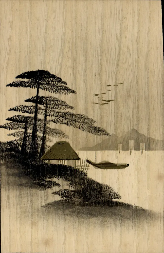 Japanisches Landschaftsbild — Regen, Hütte und Boot — unbekannter Verlag, Seriennummer nicht sichtbar - Vorderseite