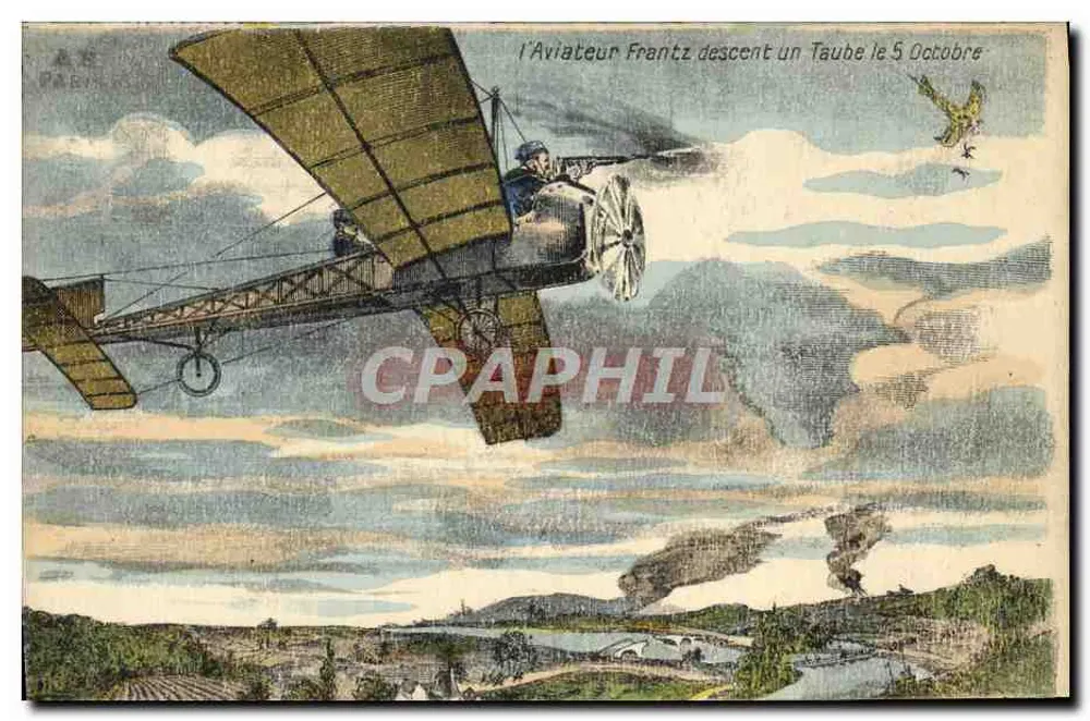 Der Flieger Frantz landet in einem Taube am 5. Oktober — luftbildhafte Illustration mit Landschaft - Vorderseite