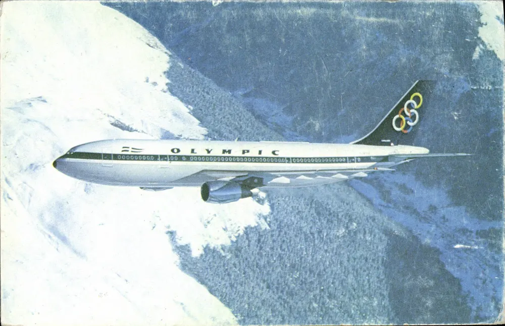 Avión Olympic Airways Airbus A300 — montañas nevadas — editor CHAR PARADOPHILLOS S.A. - Anverso