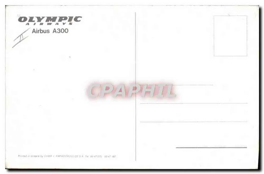 Avión Olympic Airways Airbus A300 — montañas nevadas — editor CHAR PARADOPHILLOS S.A. - Reverso