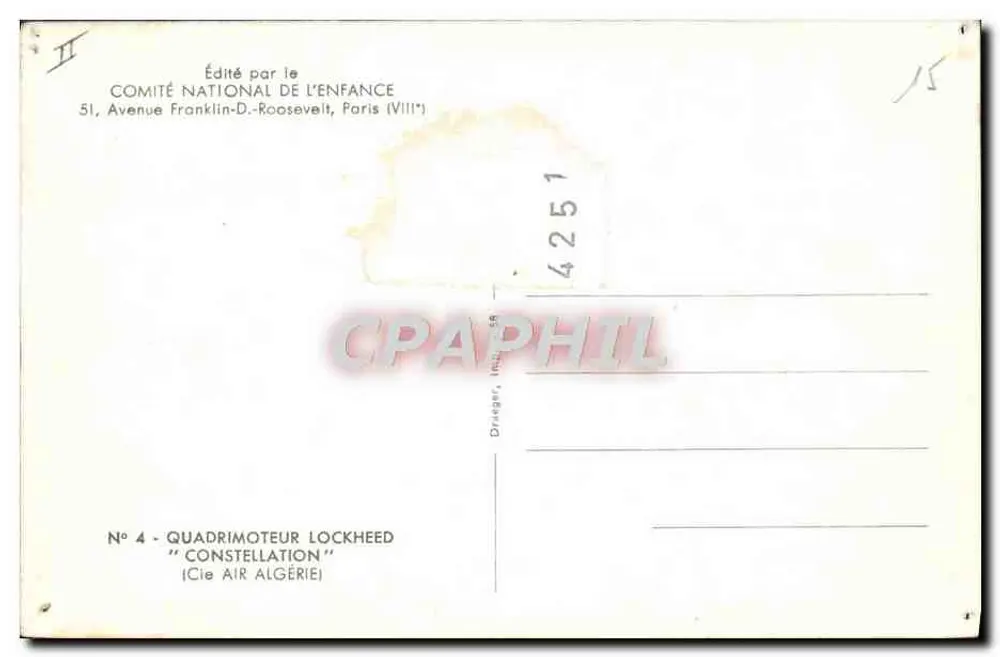 Avion Lockheed Constellation — (Cie Air Algérie) — Édité par le Comité National de l'Enfance - Rückseite