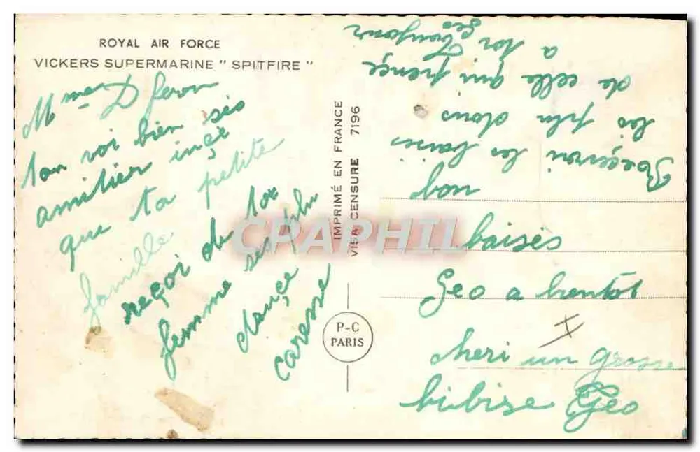 Avion de chasse Supermarine Spitfire — vue aérienne — éditeur IMPRIMÉ EN FRANCE 7196 - Verso