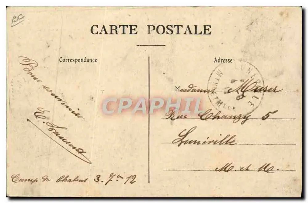 Camp Châlons — Militärdirigible Kapitän Marchal, das über seine Halle fliegt — Militärbuchhandlung Guélin, Mourmelon - Rückseite
