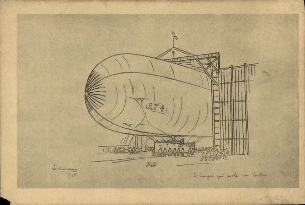 Der Hangar, der seinen Ballon verschluckt — AT4 — Zeichnung von Ch. Elluenean 1918 - Vorderseite